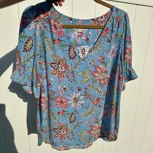 LOFT Blue Flutter Sleeve Floral Blouse